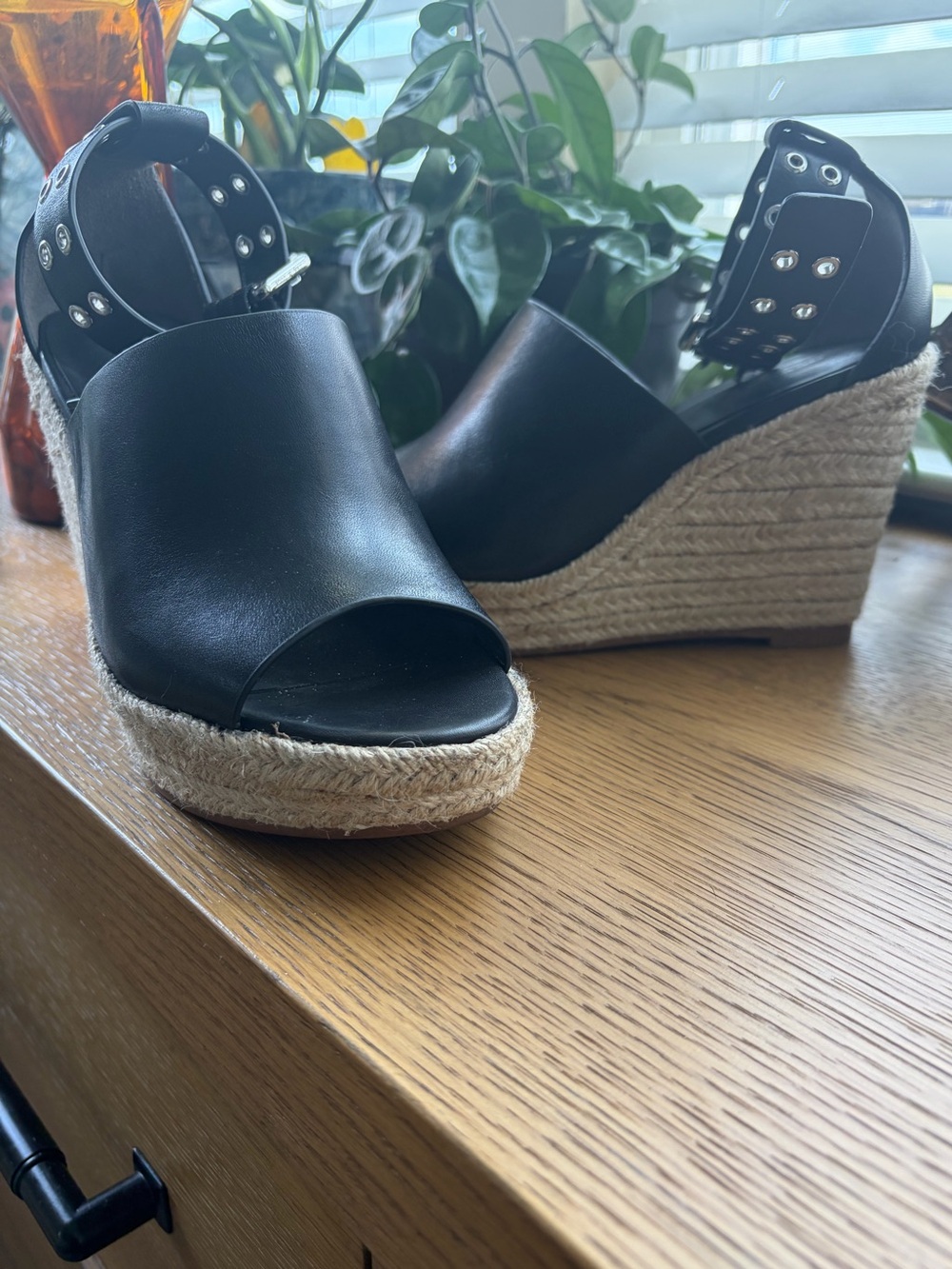 rag & bone Black Leather Espadrille Wedge Sandals Grommet Ankle Strap Size 39.5